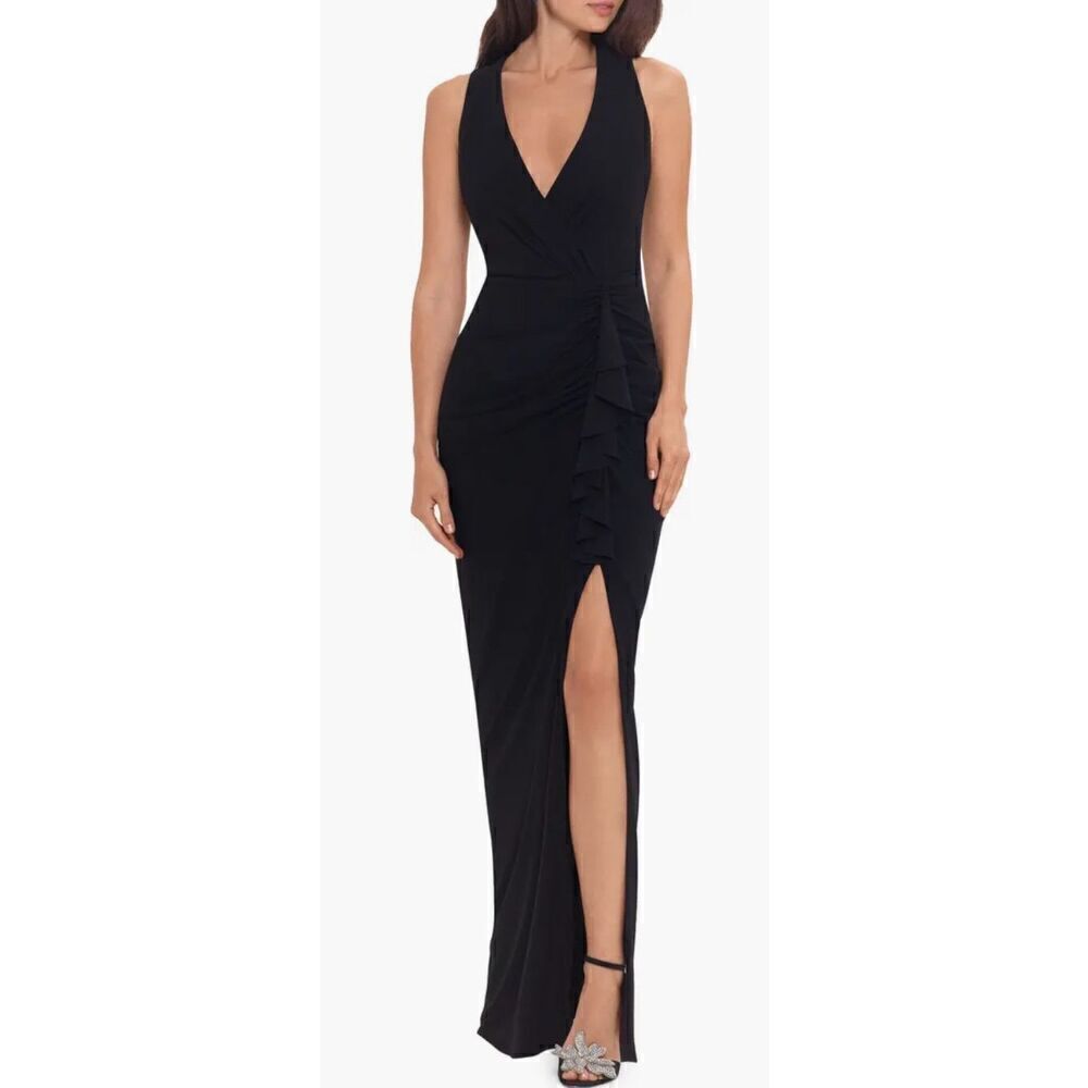 Betsy & Adam Ruched Ruffle Column Gown in Black NWOT Size 14W